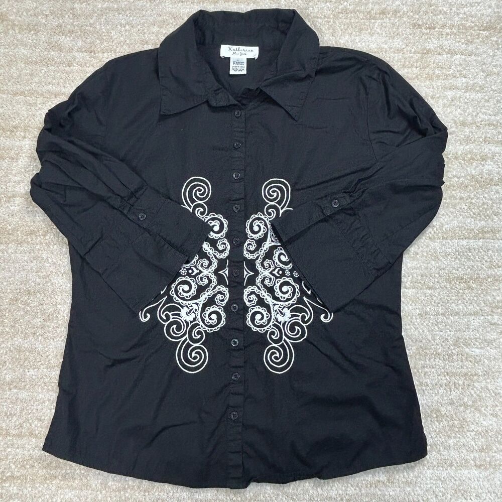 Katherine New York Womens L Black Embroidered Button Front Blouse Shirt